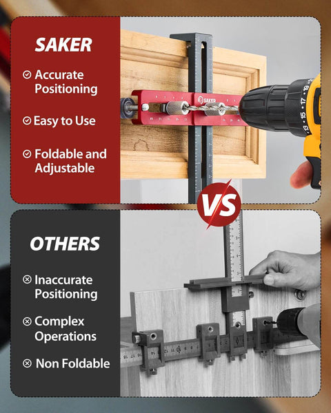 Comparison of Cabinet Hardware Doweling Jig For Knobs And Pulls, Adjustable Self Centering Punch Locator, in use and alternative tool.