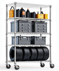 Heavy Duty 5 Tier Wire Shelving Unit With Rolling Caster Wheels Rock Solid Metal Storage Rack Adjustable Garage Pantry Kitchen Organizer Slick Silver Gear Setup with wheels and storage bins.