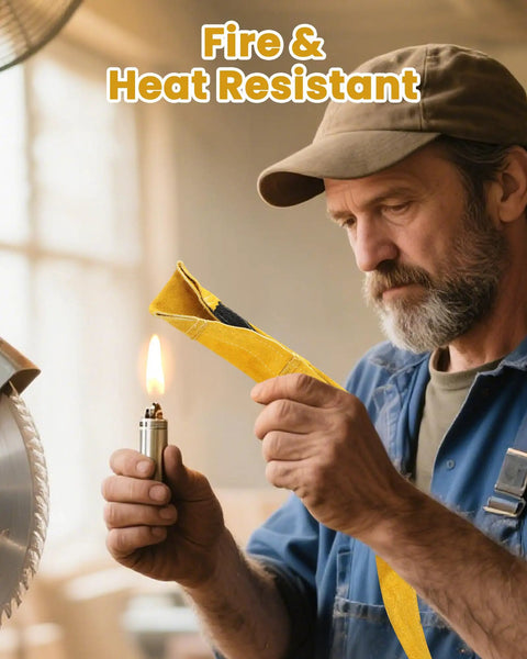 Man testing heat resistance of leather welding cable sleeve with lighter, focus on durability and safety
