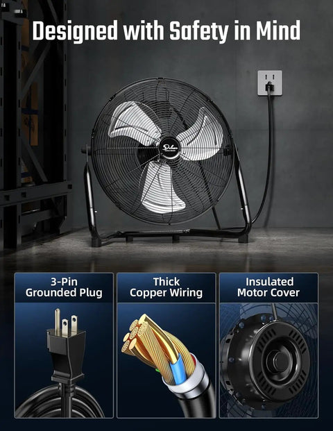 Industrial Floor Fan 18 Inch With Heavy Duty Metal Construction, 3 Speed High Velocity Airflow Up To 4012 CFM, safety features display