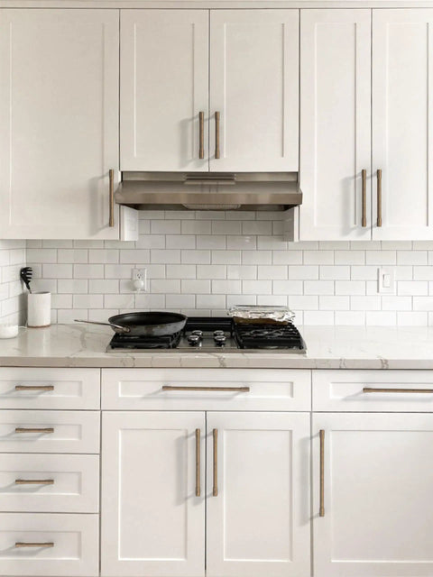 Antique Brass Cabinet Pulls 5 Inch 128mm, 10 Pack Kitchen Cabinet Handles on white kitchen cabinets, vintage style.