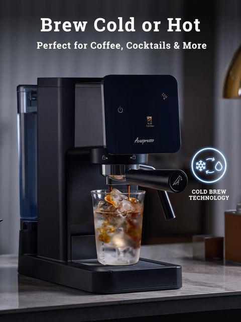 Badass Home Espresso Maker With Slick Touchscreen Interface And 20 Bar Pump Pulls Knockout Shots For Smooth Lattes Or Quick Cold Brew Featuring Full Milk Frothing Setup With Generous 41oz Water Tank brewing iced coffee with cold brew technology.