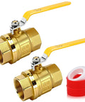 Two brass ball valves with yellow handles, 2 Inch Full Port Brass Ball Valve With Female NPT Threads, 600WOG, includes sealing tape.