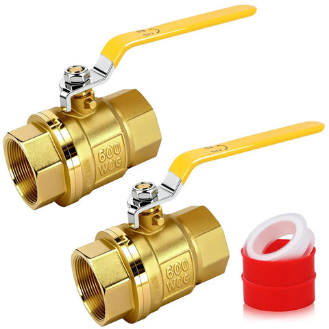 Two brass ball valves with yellow handles, 2 Inch Full Port Brass Ball Valve With Female NPT Threads, 600WOG, includes sealing tape.