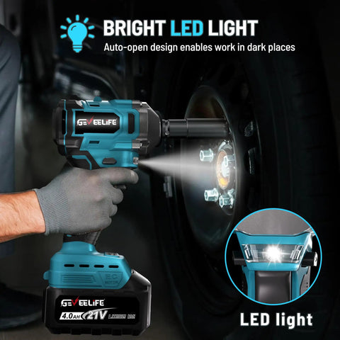 450 Nm Brushless Cordless Impact Wrench One Half Inch Drive With 4.0 Ah Battery And Four Sockets Beast Power For Cars DIY Projects Furniture Lawn Mower Blue with LED light