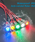 Red LED Indicator Lights Kit 12V-24V, 5 Pack, Waterproof 12mm Mounting Hole, Wide Flat Head Pilot Dash Lamps, 20mA Low Power, 150mm Wire, Energy Saving Signal Lights For Cars, Trucks, Boats, waterproof IP67 lights with red wires and multicolor glow