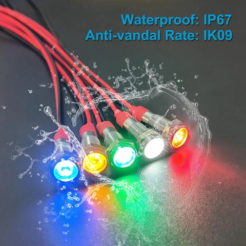 Red LED Indicator Lights Kit 12V-24V, 5 Pack, Waterproof 12mm Mounting Hole, Wide Flat Head Pilot Dash Lamps, 20mA Low Power, 150mm Wire, Energy Saving Signal Lights For Cars, Trucks, Boats, waterproof IP67 lights with red wires and multicolor glow