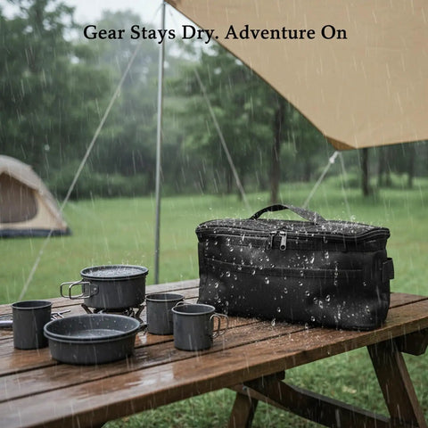 42L Water Resistant Camping Gear Storage Bag For Cookware And Outdoor Supplies in rain on picnic table