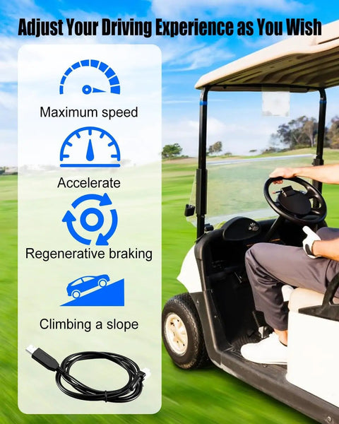 Custom Tuning USB Cable For 6 Foot Electric Golf Carts on golf cart, showcasing speed adjustments and settings.