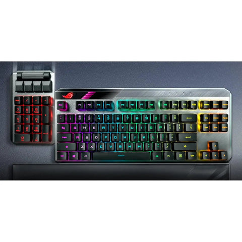 Modular Wireless Gaming Mechanical Keyboard With Snappy Tactile Switches Detachable Numpad And Plush Support Wrist Rest Plug And Play TKL Or Full Setup Smooth Aura Sync Rgb And Fast Charge, top view with vibrant RGB lighting.