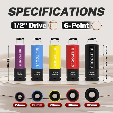 Image of 5 Piece 1/2 Inch Drive Impact Lug Nut Socket Set With Non Marring Thin Wall Wheel Protector Sockets In 15mm 17mm 19mm 21mm 22mm For Easy Wheel Swaps And Quick Tire Changes Built From Heavy Duty Alloy For Cars Trucks SUVs lined up showing sizes and colors.