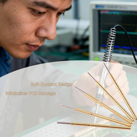 Technician using 100 Pack 0.68mm Spring Test Probes with Round Head Pogo Pins for PCB Testing, 16mm length for precise work