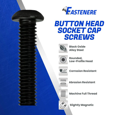 Button Head Socket Cap Screws 10 32 X 1-1/2 Inch 50 Pack Solid Alloy Steel with Black Oxide Finish, corrosion resistant, low-profile head.