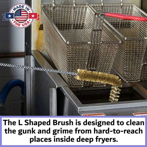 Deep Fryer Cleaning Brush L Shaped High Temp Commercial Kitchen Tool With Heavy Duty Brass Bristles Heat Resistant Up To 750F For Grease And Food Debris Deep Fryer Cleaner Made In USA cleaning commercial fryer