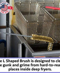 4 Pack L Shaped Deep Fryer Cleaning Brush Set With Beefy Brass Bristles in action, cleaning deep fryer corners.