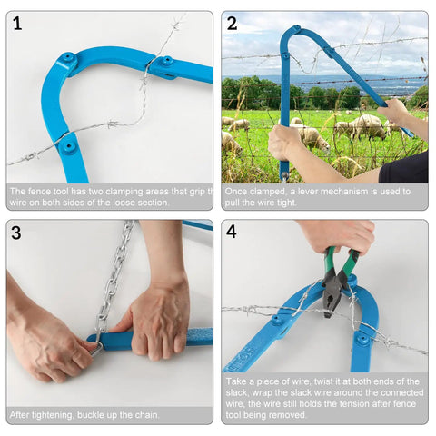 Beefy Heavy Duty Fence Wire Tightener Tool for barbed wire and electric fences in step-by-step usage on farm.