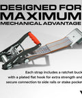 Beefed Up Car Tie Down Straps With Flat Hooks Lasso Style 2 Inch By 96 Inch showing ratchet buckle and flat hook.