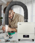 Heavy Duty Solder Fume Extractor Delivering Beast Mode Suction Power With Four Stage Filtration And Wireless Remote Control For Soldering Laser Engraving And Welding Projects in workshop with technician.