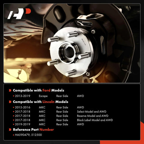 Image showing Two Rear Wheel Bearing And Hub Assembly For Ford Escape 2013 2019 And Lincoln MKC 2015 2019 AWD Only With 5 Lug Heavy Duty Set Direct Fit Replacement installed on vehicle.