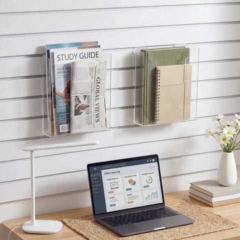 Two Pack Slatwall Magazine Display Pockets Clear Acrylic Literature Holders 8.5 W X 11 H X 2.5 D Slatwall Shelf Accessory installed on a wall.