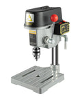 Totally Legit Heavy Duty Mini Bench Drill Press 340W Variable Speed Portable Tool With Rock Solid Cast Iron Base, silver and black design.