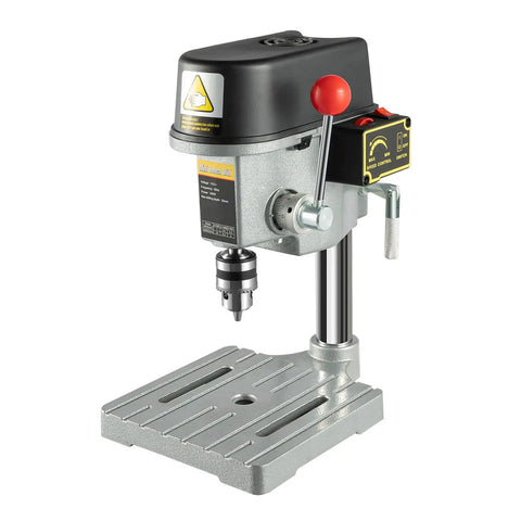 Totally Legit Heavy Duty Mini Bench Drill Press 340W Variable Speed Portable Tool With Rock Solid Cast Iron Base, silver and black design.