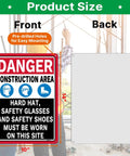 Front and back view of 2 Pack Danger Construction Area PPE Must Be Worn Signs 14 Inch By 10 Inch Rust Free Aluminum Outdoor