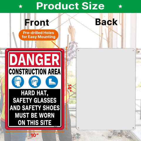 Front and back view of 2 Pack Danger Construction Area PPE Must Be Worn Signs 14 Inch By 10 Inch Rust Free Aluminum Outdoor