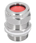 Explosion-proof cable gland connector, 304 stainless steel, red seal, threaded end, front view.