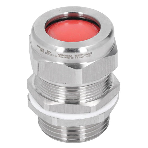 Explosion-proof cable gland connector, 304 stainless steel, red seal, threaded end, front view.
