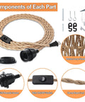 Components of a Boho pendant light including 16.5ft hemp swag cord, E26 socket, and rattan shade parts. Amp Up Your Space With This Straight Up Badass Boho Pendant Light Featuring A Heavy Duty 16.5 Ft Plug In Swag Cord And Handwoven Rattan Cylinder Shade For Zero Hassle Setup And Chill Room Vibes.