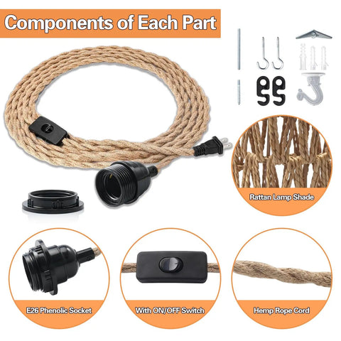 Components of a Boho pendant light including 16.5ft hemp swag cord, E26 socket, and rattan shade parts. Amp Up Your Space With This Straight Up Badass Boho Pendant Light Featuring A Heavy Duty 16.5 Ft Plug In Swag Cord And Handwoven Rattan Cylinder Shade For Zero Hassle Setup And Chill Room Vibes.