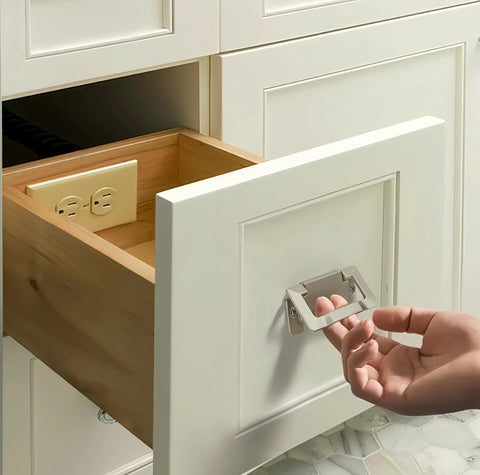 Two Piece Aluminium Alloy Flip Handle Hidden Door Pull Handles Set for Recessed Drawers Cabinets and Windows with Screws Silver 64mm Hole Distance Durable Aluminium Alloy Construction for Long Lasting Use being used on a kitchen drawer