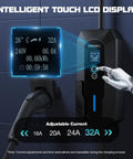 Level 2 EV Charger 32A 7.4 kW Portable With 25 Foot Cable ETL Certified SAE J1772 240 Volt NEMA 14 50 Adjustable Current for Home and Travel On The Go with intelligent touch LCD display showing 240V