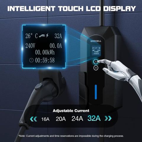 Level 2 EV Charger 32A 7.4 kW Portable With 25 Foot Cable ETL Certified SAE J1772 240 Volt NEMA 14 50 Adjustable Current for Home and Travel On The Go with intelligent touch LCD display showing 240V