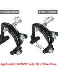 All-In-One C Brake Caliper Set For Road, MTB, And BMX Bikes - Front And Rear 65-79mm Long Reach showcasing dimensions and fittings.