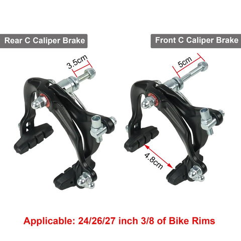 All-In-One C Brake Caliper Set For Road, MTB, And BMX Bikes - Front And Rear 65-79mm Long Reach showcasing dimensions and fittings.