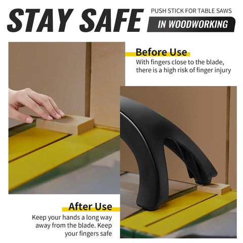 Miter Saw Hold Down Stick And 5 Pack 14 By 2 Inch Zero Gap Woodworking Tape Set For Safer Cuts demonstration with push stick use