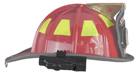 Red helmet with Vantage 180 Degree Dual Beam Firefighter LED Flashlight with Helmet Mount and Right Angle Beam attached