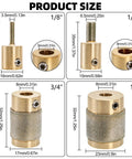 Set Of 4 Diamond Glass Grinder Bits For Stained Glass Sizes One Inch Three Quarter Inch One Quarter Inch One Eighth Inch Chrome Plated Hardened Tips With Brass Core Includes Four Allen Wrenches Ideal Pro DIY Glass Art Tool Kit dimensions