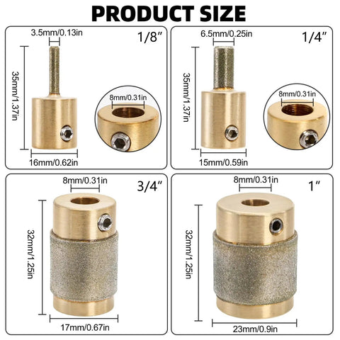 Set Of 4 Diamond Glass Grinder Bits For Stained Glass Sizes One Inch Three Quarter Inch One Quarter Inch One Eighth Inch Chrome Plated Hardened Tips With Brass Core Includes Four Allen Wrenches Ideal Pro DIY Glass Art Tool Kit dimensions