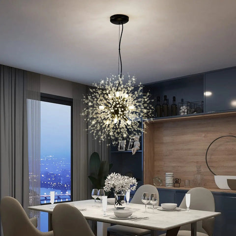 Modern Crystal Sputnik Chandelier With 9 Lights In Black Finish Firework Dandelion Style Ceiling Light Fixture For Bedroom, Living Room, Dining Room, Kitchen Island, And Hallway A Bold Showstopper