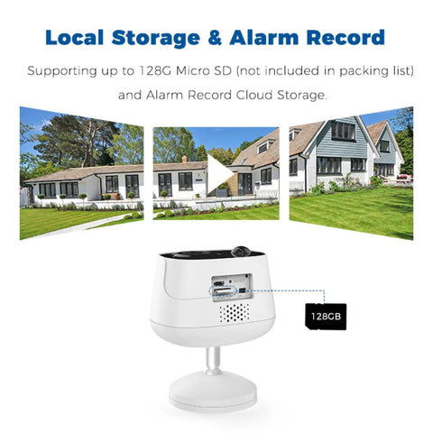 Wireless Outdoor Security Camera 1080P With Solar Panel And 5200mAh Battery highlighting local storage and alarm features