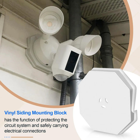 Easy Fit Mounting Block Kit For Vinyl Siding Half Inch Lap White Fits Four To Ten Inch Siding Durable ABS Construction With Paintable Surface No Fuss Simple DIY Mounting And Replacement Solution. White ABS vinyl siding mounting block with exterior light and camera installed.