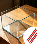 Two Pack Clear Acrylic Hinges Self Adhesive For Cabinets Boxes Displays Glass Furniture Aquarium Enclosures Durable 11.81 By 1.77 Inch Small Hinge DIY Projects And Repairs shown with a glass box.