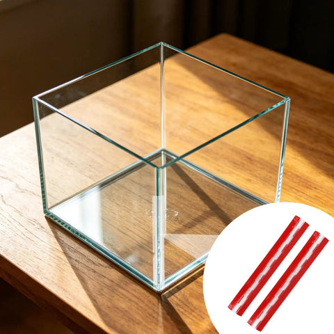 Two Pack Clear Acrylic Hinges Self Adhesive For Cabinets Boxes Displays Glass Furniture Aquarium Enclosures Durable 11.81 By 1.77 Inch Small Hinge DIY Projects And Repairs shown with a glass box.