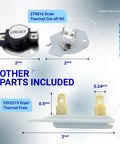 Dimensions and components of Dryer Heating Element Kit Replacement For Whirlpool Kenmore Maytag Amana Roper Includes 279838 Heating Element 279816 Thermal Cut Off Kit And 339 Assembly For Quick DIY Dryer Repair displayed.