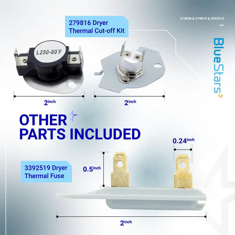 Dimensions and components of Dryer Heating Element Kit Replacement For Whirlpool Kenmore Maytag Amana Roper Includes 279838 Heating Element 279816 Thermal Cut Off Kit And 339 Assembly For Quick DIY Dryer Repair displayed.