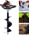 Workhorse Gas Powered Post Hole Digger For Fence Posts And Tree Planting With 63cc Two Stroke Engine, shown with 12 inch drill bit.