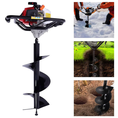Workhorse Gas Powered Post Hole Digger For Fence Posts And Tree Planting With 63cc Two Stroke Engine, shown with 12 inch drill bit.